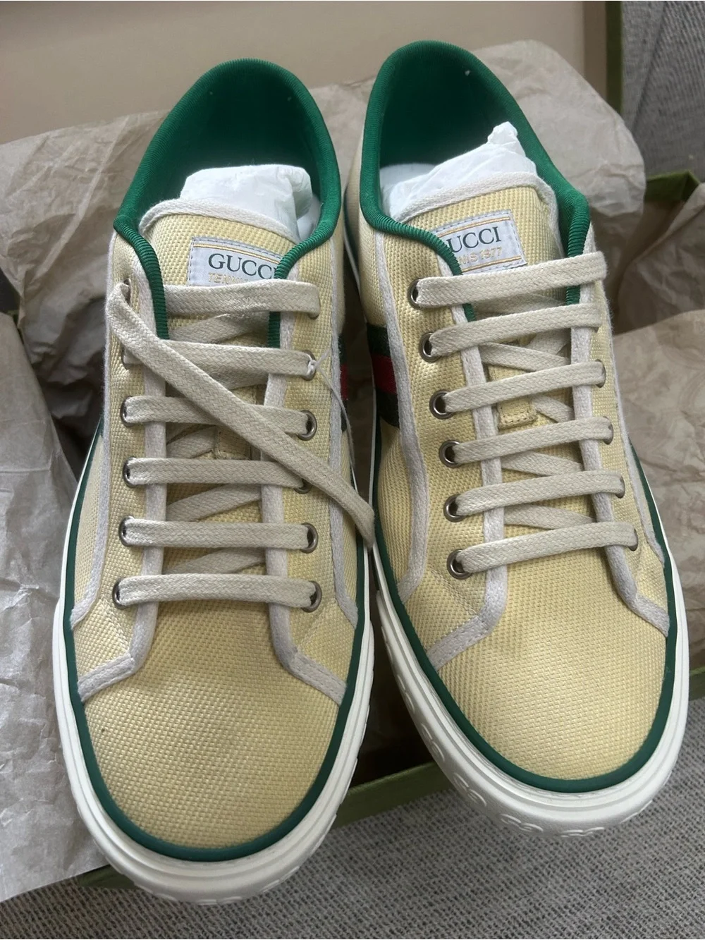 Gucci Beige Canvas Low-Top Sneakers with Green & Red Stripe